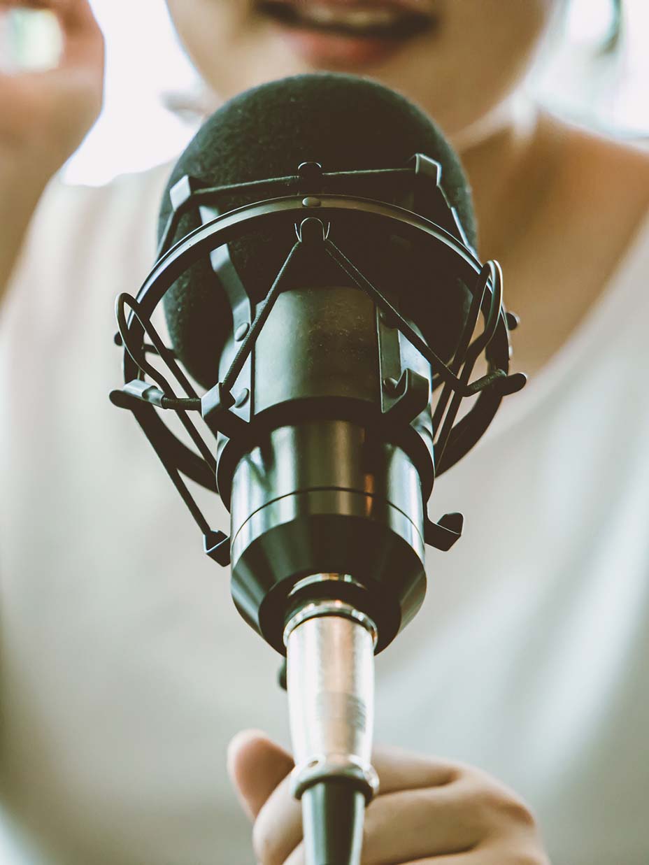 Condenser microphone, People working at home for internet live streaming radio broadcasting concept.